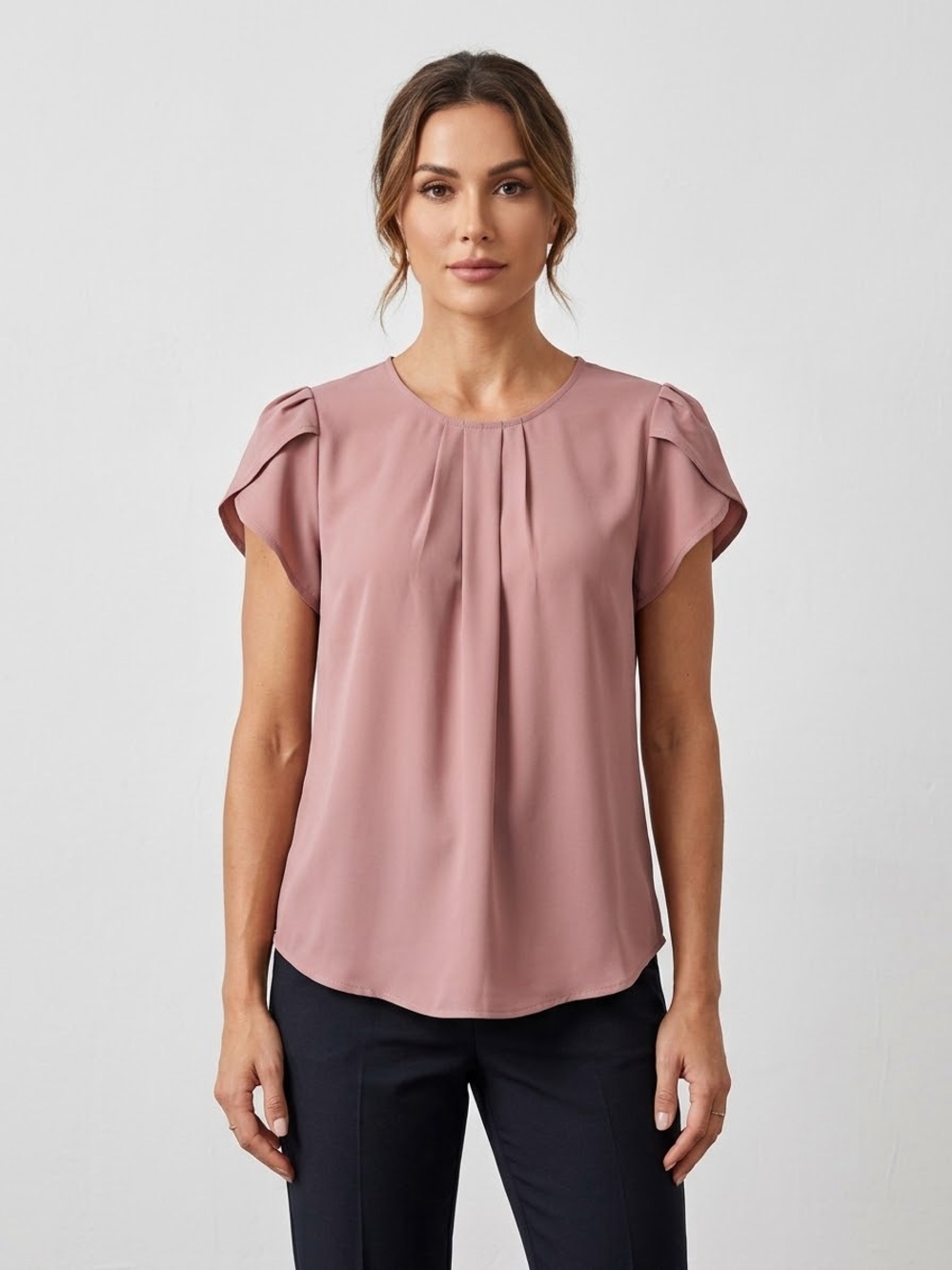 Soft Pleat Short-Sleeve Blouse in Dusty Rose